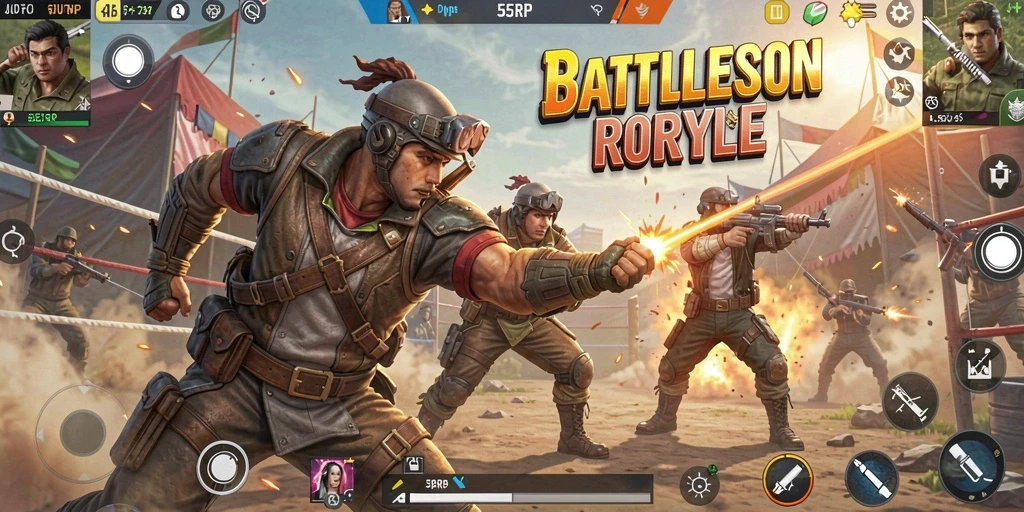 Tangkapan layar utama menunjukkan aksi intens dalam gameplay Battle Royale.