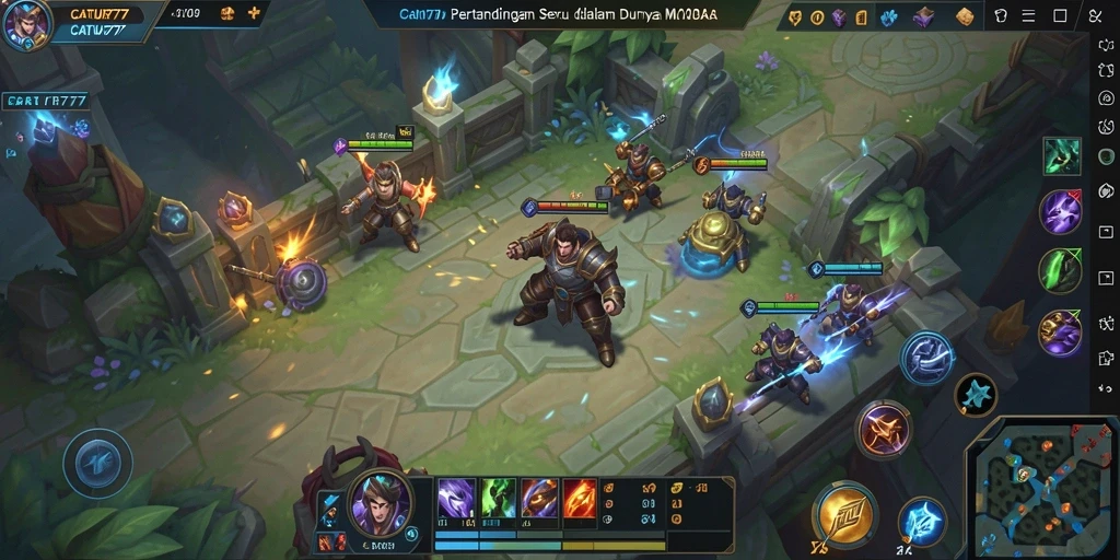 Tangkapan layar gameplay seru dari CATUR777 dengan pertempuran MOBA intens.
