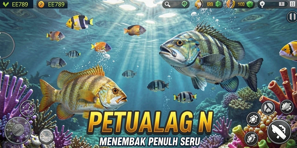 Tampilan gameplay seru menembak ikan di lautan.