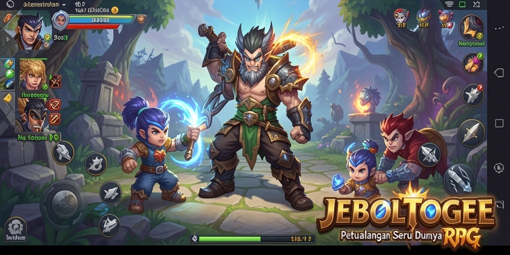 Tampilan gameplay JEBOLTOGEL dengan karakter berpetualang di dunia RPG.