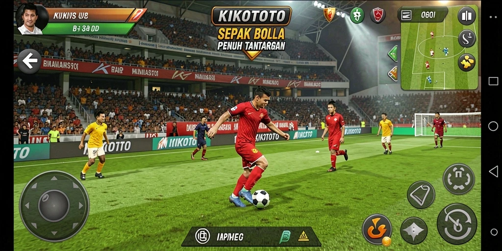 Screenshot gameplay KIKOTOTO menampilkan aksi seru dalam pertandingan sepak bola.