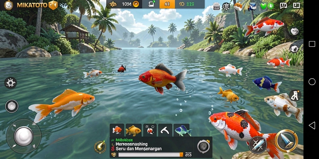 Screenshot gameplay MIKATOTO menampilkan suasana memancing yang seru.