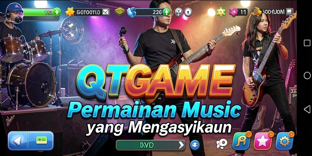 Tangkapan layar QTGAME menampilkan aksi bermain musik yang penuh warna.