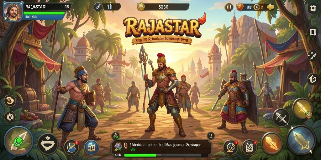 Tangkapan layar gameplay RAJASTAR menampilkan aksi petualangan dan pengelolaan sumber daya.